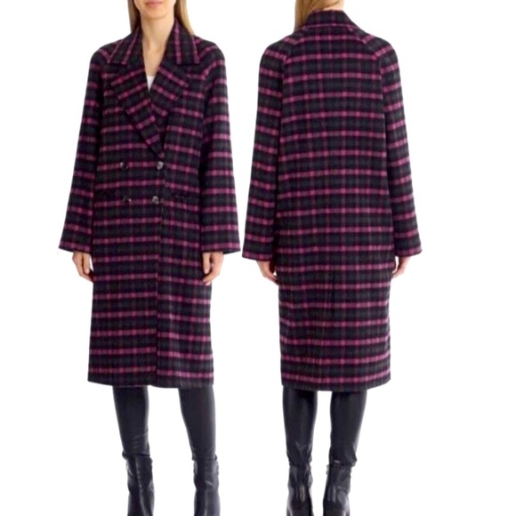 Avec Les Filles Plaid Double Breasted Coat Grey Black Pink. Size Medium. NWT. - Picture 1 of 12